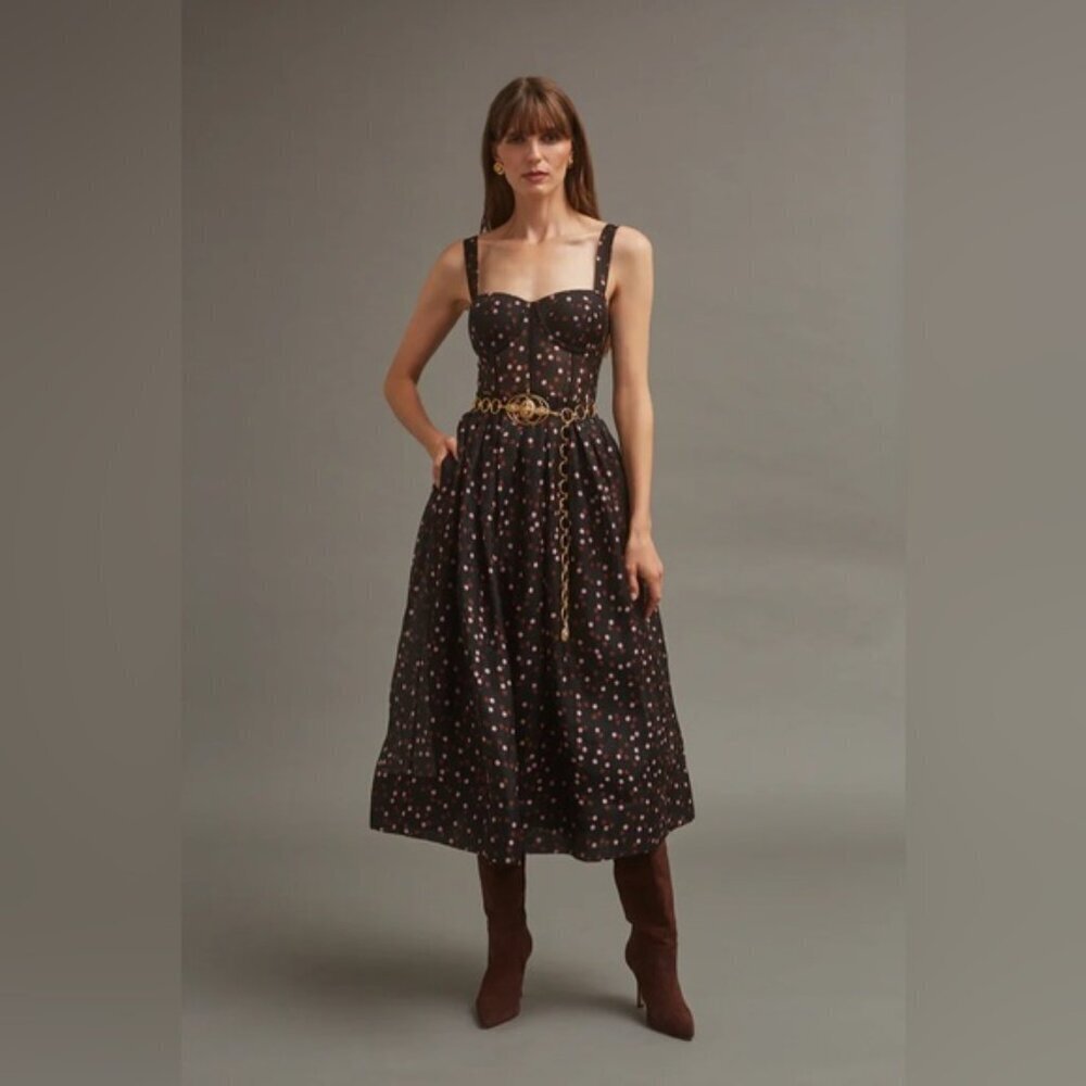 NEW Cara Cara Pheobe Midi Linen Silk Dress Stamped Dot Black US 6 UK 10 - Picture 5 of 16